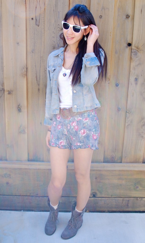 denim and floral outfit