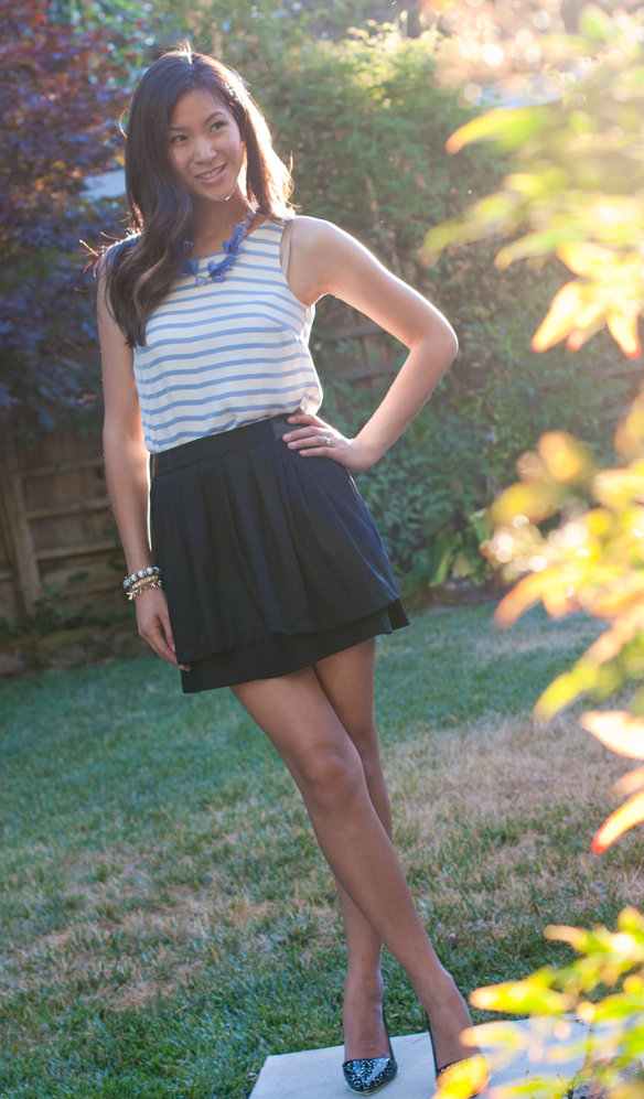 Striped Tank and Leather band skirt with statement necklace