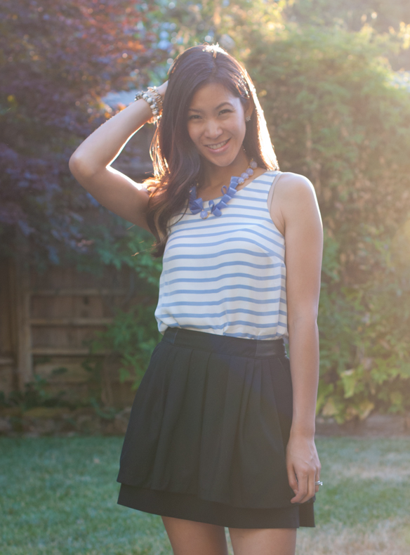 Striped Tank and Leather band skirt with statement necklace